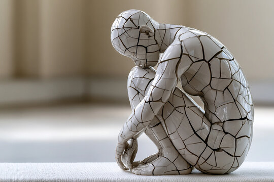 Human sculpture made from broken pieces of marble sits on his haunches in pose of sadness and loneliness. Depression, mental health, psychological recovery. Conceptual art for banner with copy space