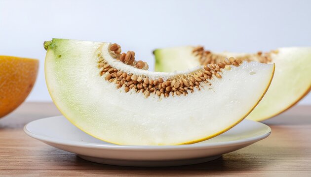 Fresh cantaloupe melon slices on white plate