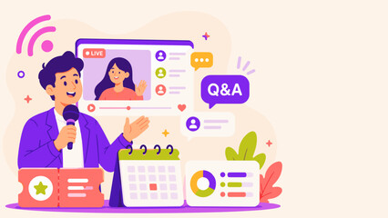 Fototapeta premium Man hosts live session with smiling woman. He holds microphone, gestures warmly. Screen shows live indicator. Calendar, chart, and star icon nearby. Bright colors create energetic vibe