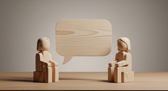 Two wooden figures representing people in a dialogue with a blank speech bubble above a table, symbolizing psychotherapy or consulting