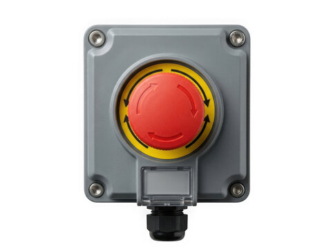 industrial emergency stop button switch safety electrical control isolated on transparent background