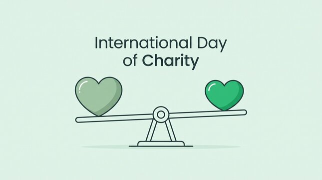 International Day of Charity concept, green hearts on balance scale illustration, donation and philanthropy awareness graphic