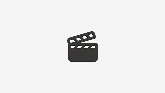 Minimalist movie clapperboard icon animation representing cinema production or film industry concept on gray.