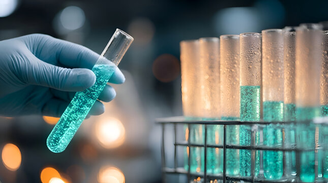 Scientist holding test tube with blue liquid in laboratory for chemical research experiment Generative AI