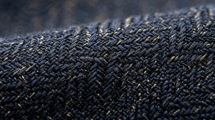 Fototapeta premium Close-up of dark blue herringbone textured fabric with metallic threads