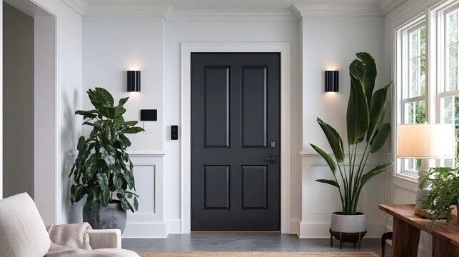 Modern entryway with black front door  white walls  and large indoor plants flanking the doorway