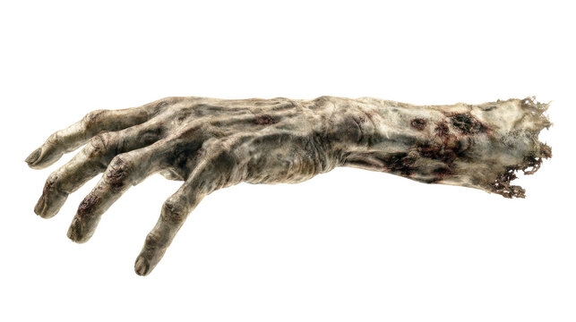 Decayed zombie hand and arm with rotting skin texture and exposed bone wounds scary Halloween horror monster prop isolated on White background