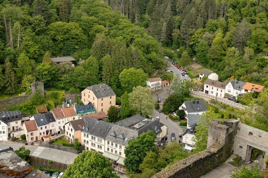 Aerial view of the Vianden town from the castel wall in Luxembourg