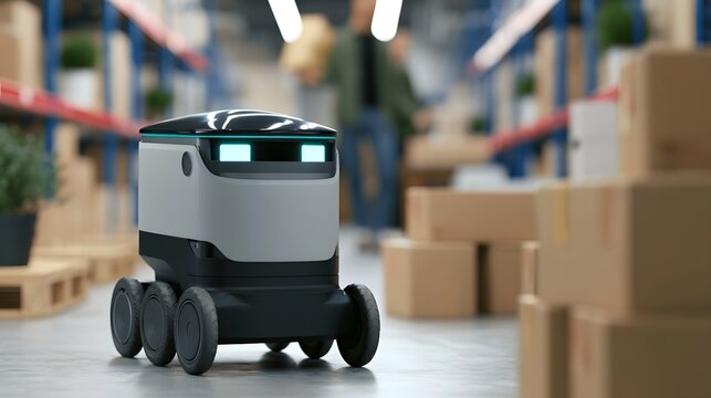 A compact autonomous delivery robot navigates through a modern warehouse aisle surrounded by stacked cardboard boxes