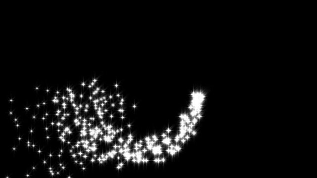 Luxury white glitter sparkle line trail animation with glowing magic dust, twinkling pixie star particles and shimmering fairy lights, creating a smooth magical overlay on black background, 4K