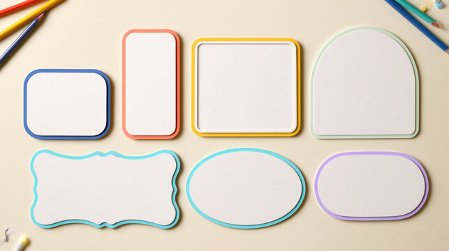 Colorful blank classroom name tags with decorative borders arranged as a printable label template mockup