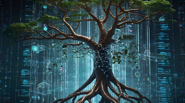 Digital tree concept representing big data network connectivity inside futuristic cyberspace environment