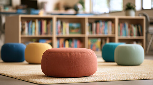 Soft multicolored ottomans on a classroom rug in front of low bookshelves creating a comfortable children's reading and learning area