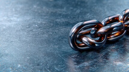 A close-up view of a shiny metal chain resting on a smooth surface, highlighting the intricate details and reflections, capturing a sense of strength and connection.