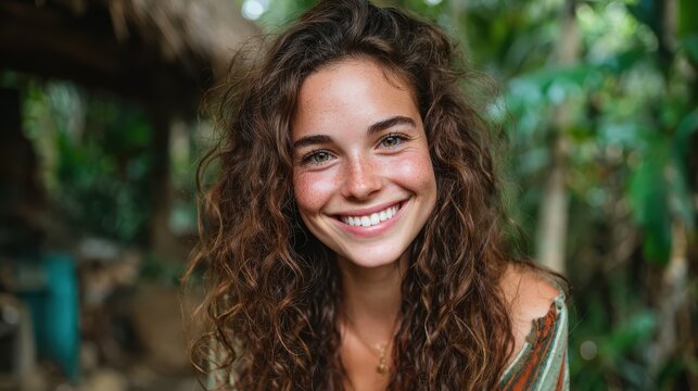 A vibrant portrait of a young woman smiling warmly in a lush tropical setting conveys happiness and the beauty of nature's embrace, celebrating life's joyful moments.