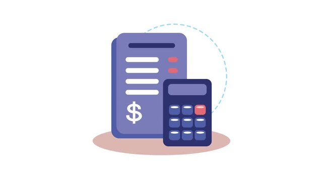Animated calculation of financial invoice and billing document with calculator icon and dollar sign in flat vector motion style.