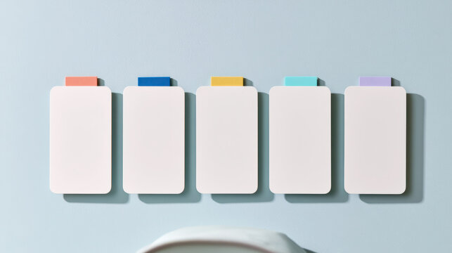 Minimal kids routine chart mockup with five blank white cards and colorful tabs arranged on a light blue wall with generous copy space