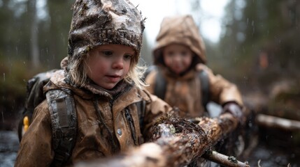 Obraz premium Two children dressed in rain gear exploring a damp forest while collecting sticks, embodying the joy of childhood and adventure in nature, capturing playful, innocent moments.