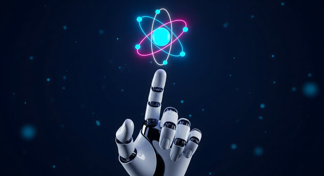 A robotic finger pointing at a glowing digital atom symbol representing innovation and science.
