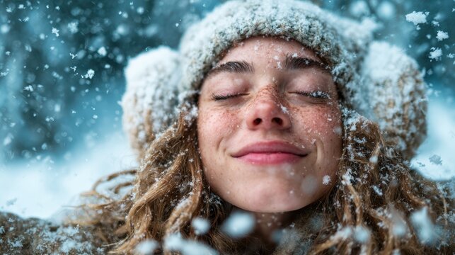 A happy young woman enjoying a snowy day, eyes closed and smiling as snowflakes fall gently around her, capturing a moment of pure joy and connection to nature.