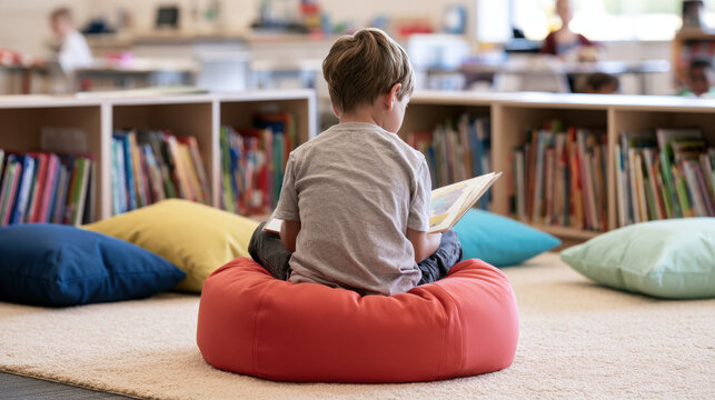 Young boy independently reading a picture book on a soft coral floor cushion in a bright classroom reading area surrounded by colorful pillows and children's books