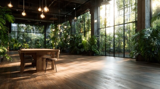 A serene interior space filled with greenery, showcasing a wooden table surrounded by numerous plants and natural light filtering through large glass windows.