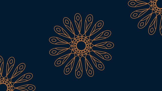 Abstract golden ethnic mandala art pattern with evolving strokes on dark blue background motion graphic.