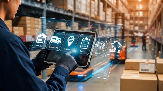 Warehouse professional operating smart logistics tablet interface for automated inventory and supply chain tracking