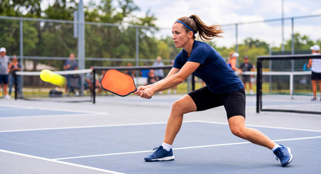 Female pickleball player reaching for low ball on outdoor court