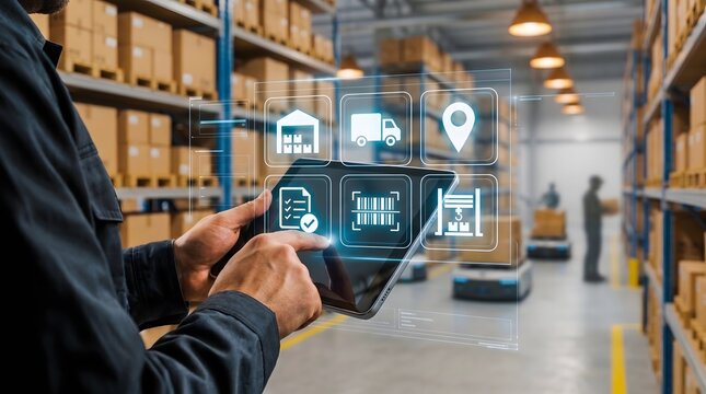 Industrial warehouse worker managing digital supply chain logistics via holographic tablet interface for seamless inventory control