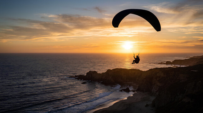Silhouette of a paraglider over a coastline at sunset