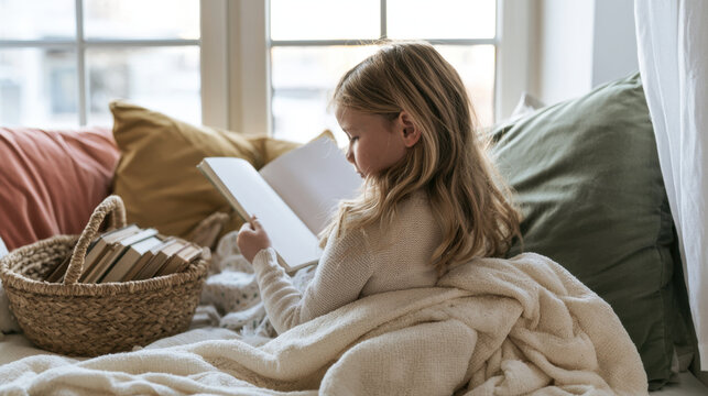 Young girl reading a book on a cozy window seat surrounded by pillows, a soft blanket and basket of books in a bright homeschool setting