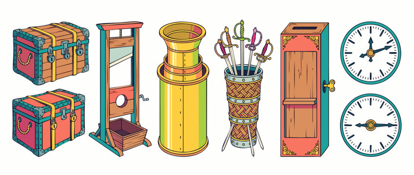 Magic props illusion trunk guillotine vector set featuring vintage magician equipment, wooden stage chests, sword basket, magic box, and clocks isolated on a white background for show entertainment.