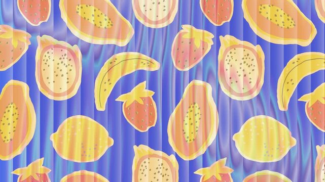 Seamless fruit pattern with motion gradient effect. Fun retro food animated backdrop.