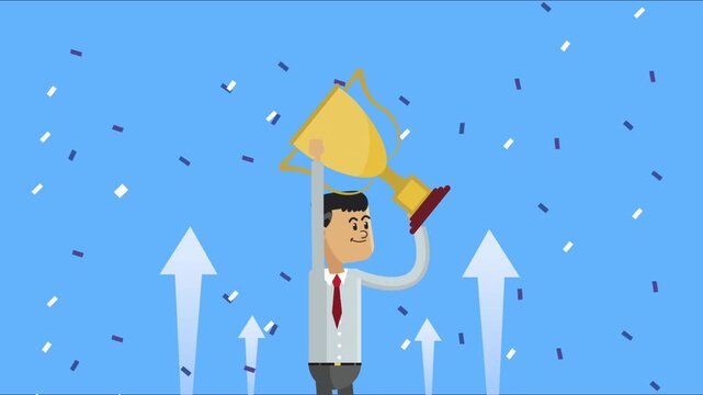 Business man celebrating success holding golden trophy cup while standing against blue background with falling confetti and rising arrows.