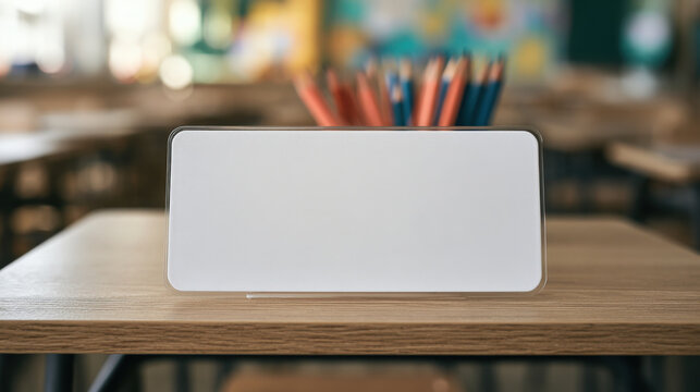 Blank white classroom name tag mockup standing on a wooden desk with colorful pencils softly blurred in the background and ample copy space