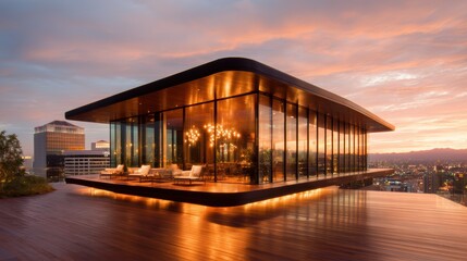 Fototapeta premium A stunning modern building with floor-to-ceiling glass windows reflects the vibrant colors of the sunset, providing a breathtaking view of the urban skyline.