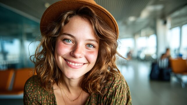 A young woman with curly hair and a radiant smile in an airport terminal, exuding joy and positivity, showcasing the excitement of traveling and new adventures.