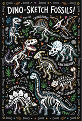 Naklejka premium Dinosaur Skeleton Sketch Poster T-Rex Spinosaurus Black Background