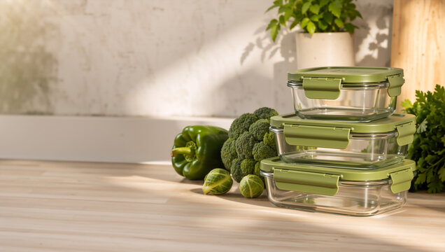 Stack of glass food storage containers with green lids. Empty meal prep boxes and fresh vegetables on a wooden table. Copy space for text