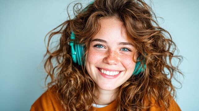A joyful young woman with curly hair wears turquoise headphones and smiles brightly, expressing happiness and enthusiasm while enjoying her favorite music at home.