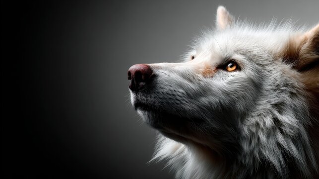 This striking image captures a white wolf in profile, showcasing its majestic fur and expressive golden eyes against a dark, moody background that enhances its beauty.