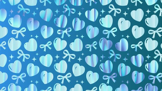 Whimsical blue heart and bow pattern with swirly gradient effect. Playful holiday backdrop for promotion, campaign, cards, invitations, social media.