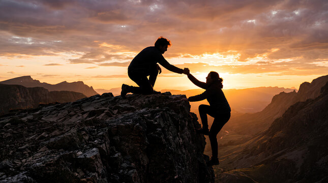 Silhouette of a person reaching a hand down to help another up a ro