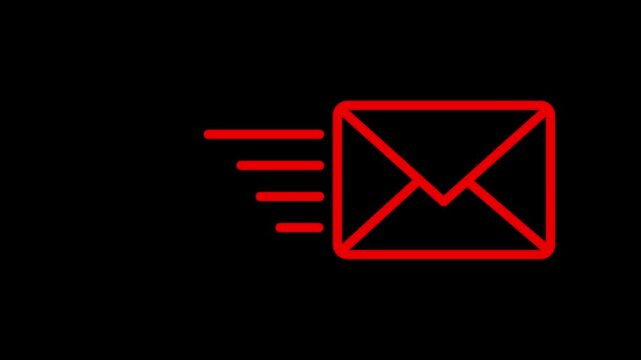 Red envelope animation moving fast on black background, for digital communication, and email marketing concepts
