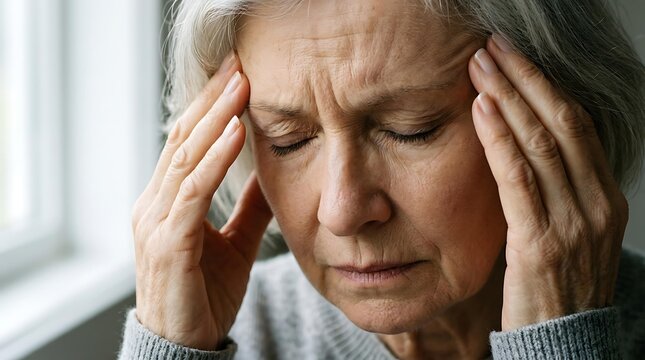 Senior woman suffering from severe headache at home, mature lady feeling intense headache symptoms, elderly female massaging temples due to chronic headache and migraine.