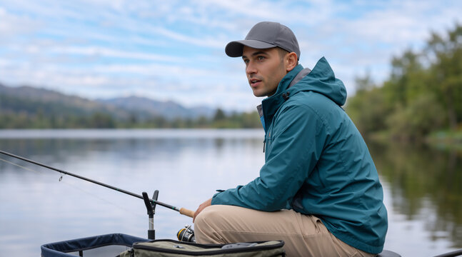 Young man fishing by a still lake on a cloudy day. Outdoor recreation and angling hobby. Fisherman with rod by the water