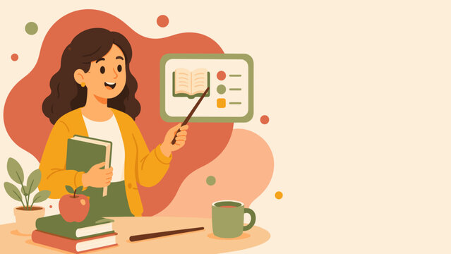 Warm-toned illustration of a smiling teacher presenting. She holds a pointer and a book, gesturing toward a board. Stack of books, an apple, and a mug sit nearby. Her expression shows joy