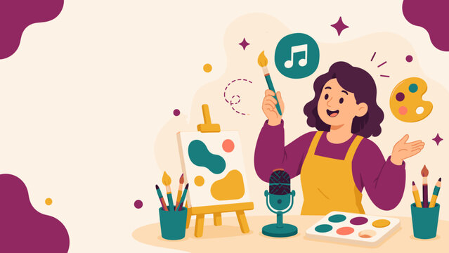 Artist holds paintbrush and music note, smiling brightly. Canvas, palette, brushes, and microphone surround her. Joyful creative energy bursts from her gestures and expressions. Perfect for art, music
