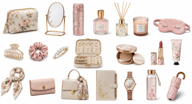 A Collection of Feminine Essentials: A curated assortment of beauty products, accessories, and personal items, featuring delicate floral patterns and a soft pink color palette.